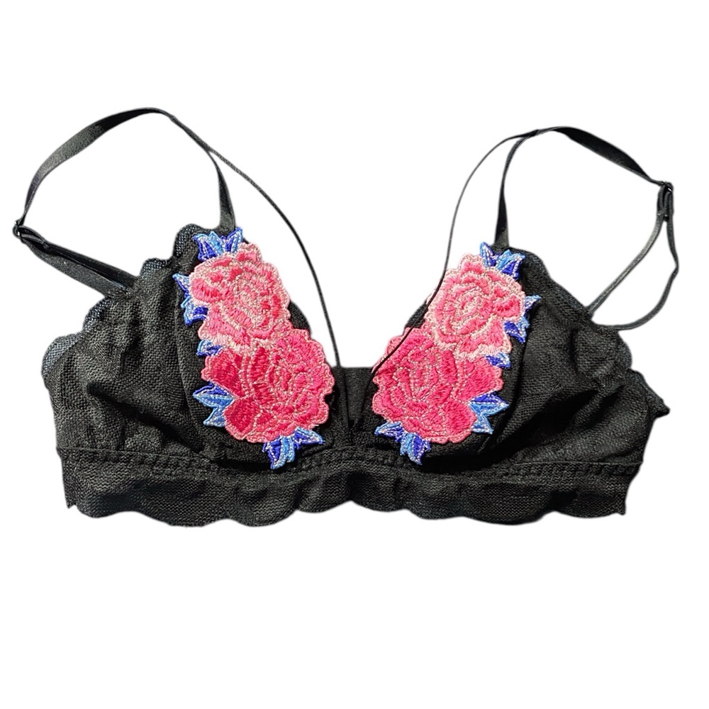 Victoria's Secret Black triangle Bralette with Pink Floral Embroidery